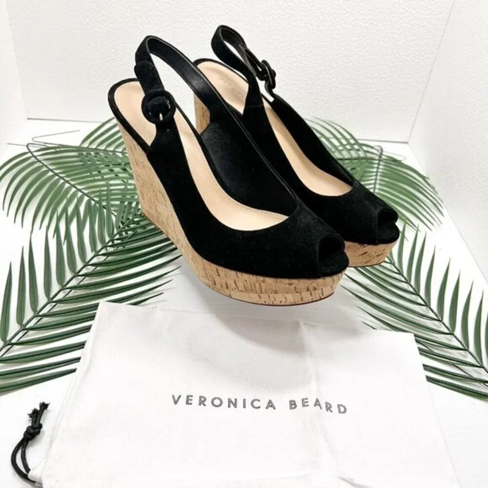 Veronica Beard Dali Black Suede Peep Toe Slingback Wedge Sandals Size 10M NWB